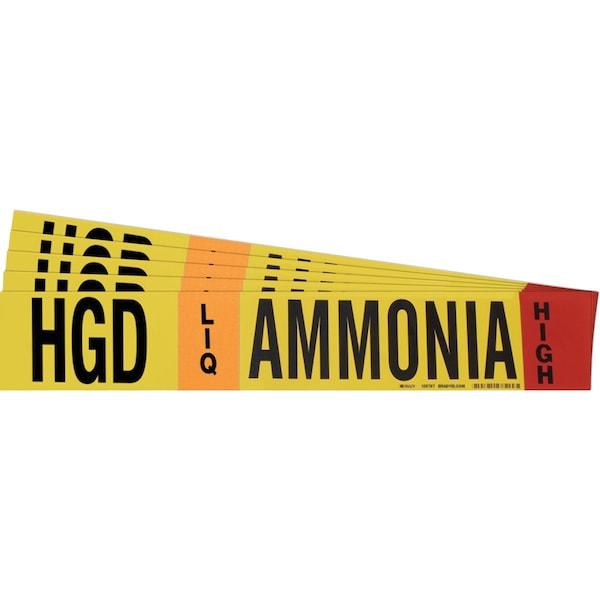 AMMONIA HGD LIQ HIGH Pipe Marker Style 1HV BK, OR, RD on YL 1 per Card, 5 PK